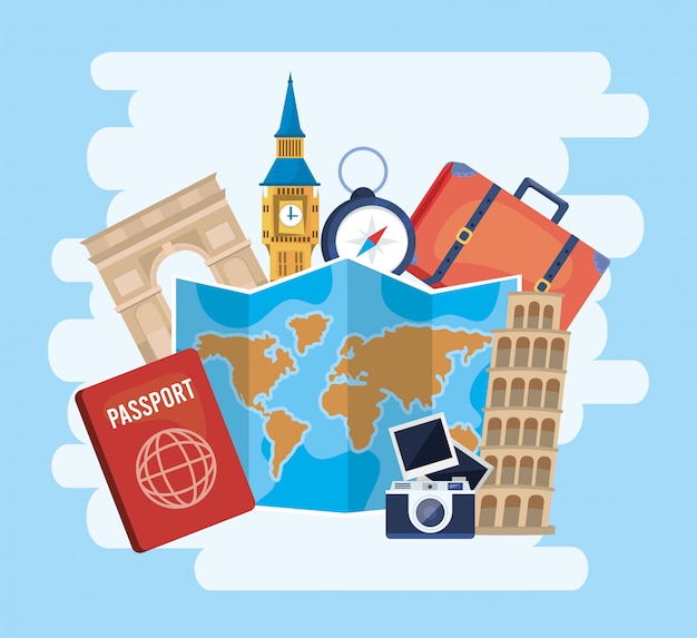 Global map to destination with passport and camera with pictures