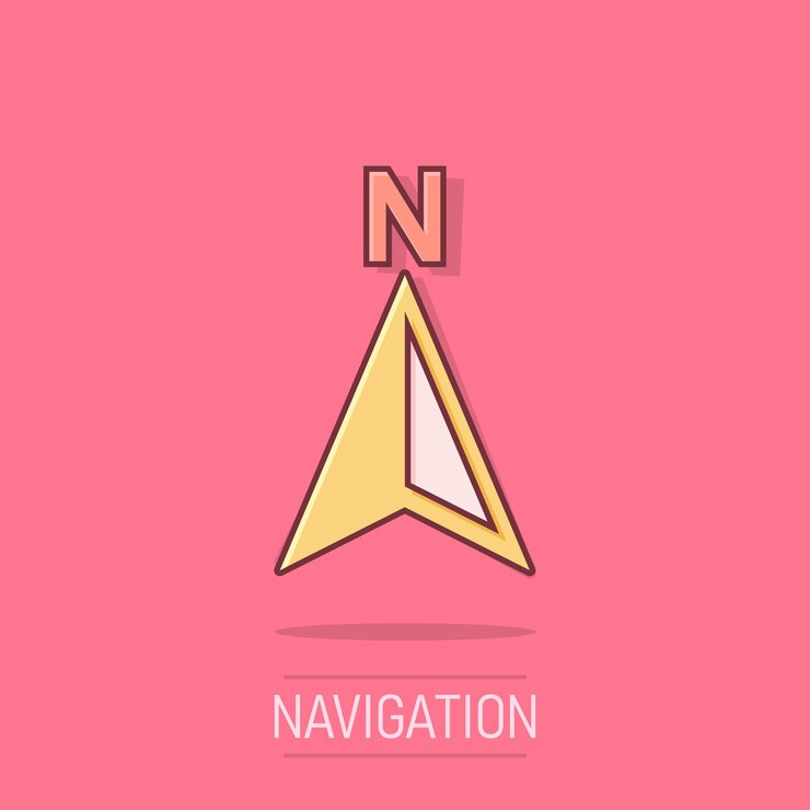 Vector global navigation icon in comic style compass gps vector cartoon illustration on white isolated background location discovery business concept splash effect