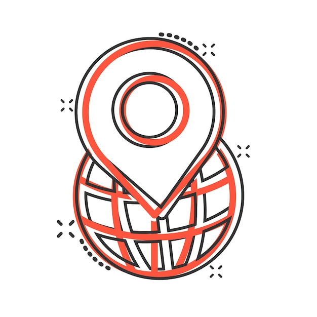 Global navigation icon in comic style Globe pin gps cartoon vector illustration on white isolated background Planet direction splash effect business concept