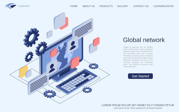 Global network communications digital world cyberspace flat isometric vector concept illustration