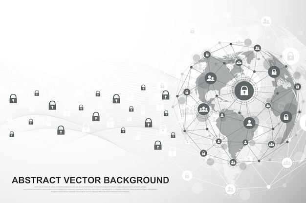 Sfondo della connessione di rete globale. affari globali di concetto di sicurezza informatica. sfondo di comunicazione internet. progettazione grafica tecnologica. illustrazione vettoriale.