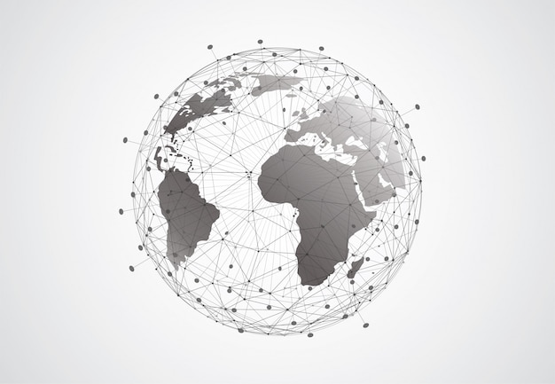 글로벌 네트워크 연결 배경. 세계지도 포인트 및 라인 구성
