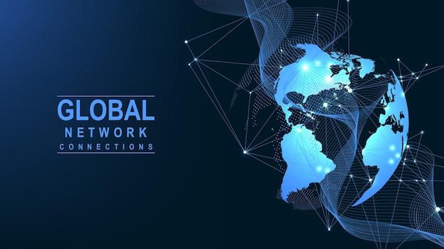 グローバルネットワーク接続の概念ビッグデータの視覚化グローバルコンピュータネットワークにおけるソーシャルネットワーク通信インターネットテクノロジービジネスサイエンスベクトル図