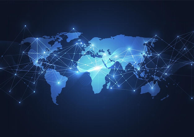 Vettore connessione di rete globale mappa mondiale concetto di composizione di punti e linee di affari globali