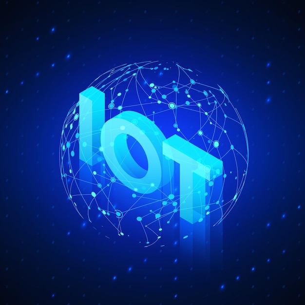 Vector global network hologram with text iot incide. technology blue isometric background.  illustration