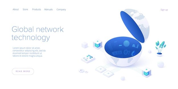 Vector global network technology in isometric  landing page. world internet connection or social media online communication concept. web banner layout template.