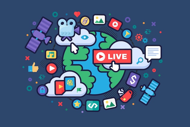 Icona del concetto di notizie globali. strumenti per la produzione di social media. illustrazione semi piatta di idea di live streaming. distintivi di trasmissione online. disegno a colori vettoriale isolato