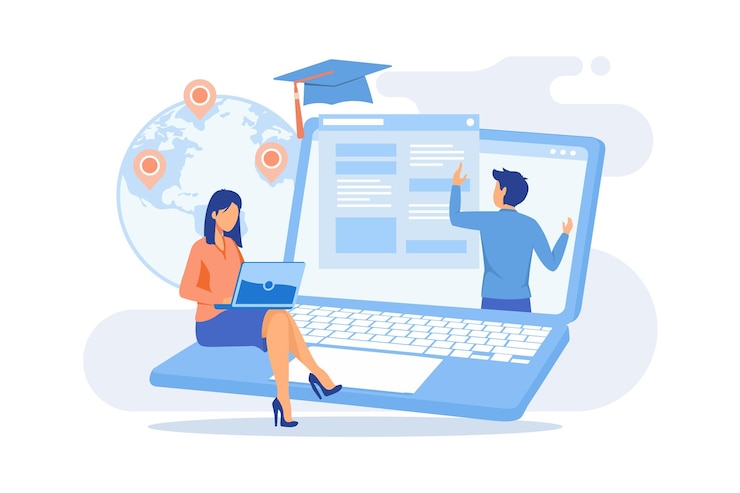 Vector global online education. e-learning tools, internet training webinar, digital course