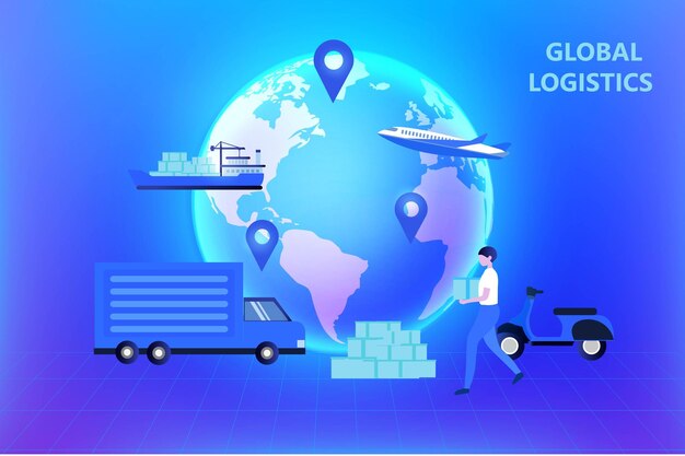 Logistica intelligente online globale logistica aziendale spedizione di consegna con camion aereo bici