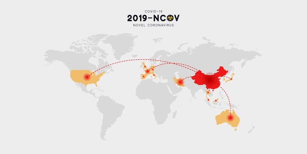 글로벌 발병 감염. 신종 코로나바이러스(2019-nCoV). 중국 병원균 호흡기 코로나바이러스 2019-nCoV는 우한, 아시아-중국 지도 인포그래픽에서 발생했습니다. 바이러스 Covid 19-NCP.