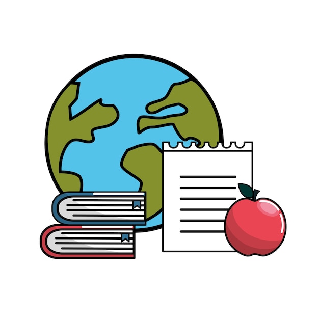 global planet with books, notebook papper and apple