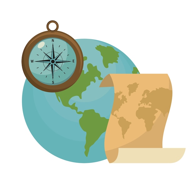 global planet with map and compass tools