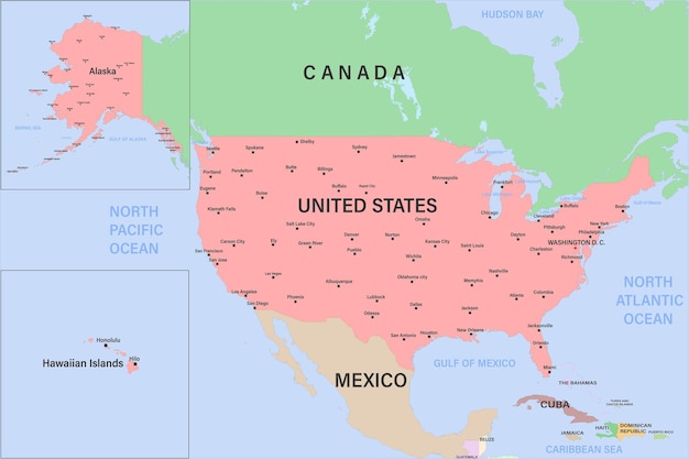 Mappa politica globale degli stati uniti mappa altamente dettagliata con paesi e città di confine