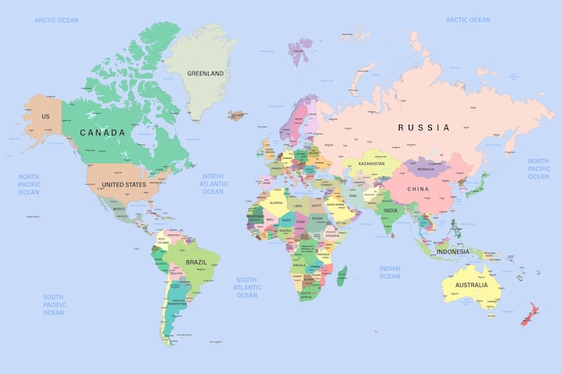 Vector global political map of the world highly detailed map with borders countries and cities each country is on a separate layer and is editable