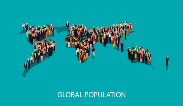 Vettore concetto di popolazione globale con persone e mappa del mondo
