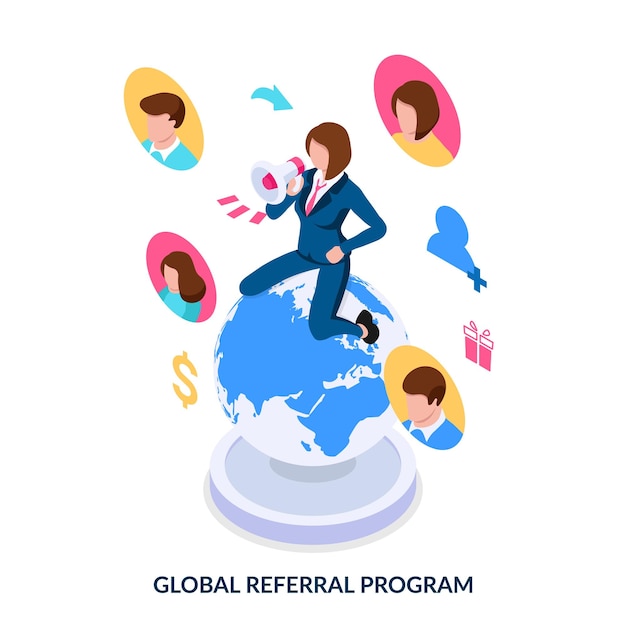 Global referral program concept Searching and attracting for partners around the world Isometric vector illustration on white background