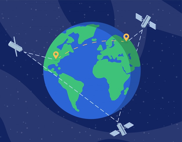 グローバル衛星ネットワークフラットベクトル図