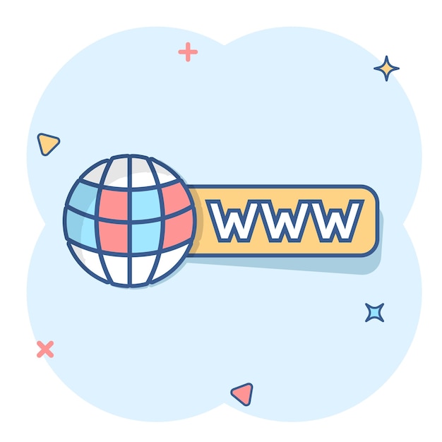 Вектор Иконка глобального поиска в комическом стиле адрес веб-сайта мультипликационная векторная иллюстрация на белом изолированном фоне www сетевой эффект всплеска бизнес-концепция