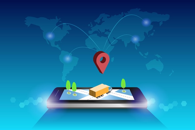 Logistica globale intelligente camion di consegna con posizione di localizzazione gps online su smartphone e mappa del mondo