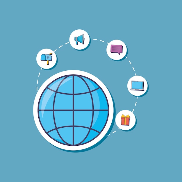 global sphere and social media related icons around 