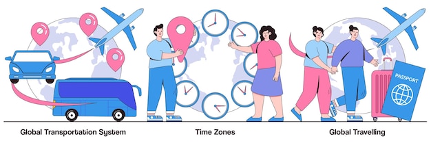 Vector global transportation system time zone global traveling concepts with people characters international business coordination illustration pack worldwide logistics travel agency jet lag metaphor