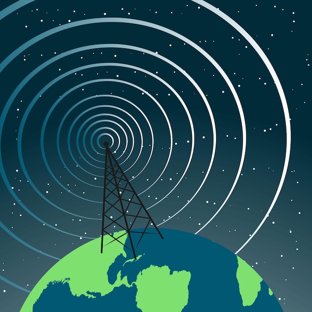 Global vintage radio tower broadcasting signals to earth and space