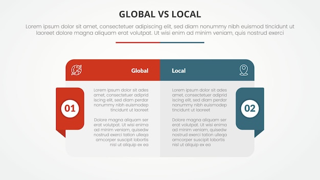 Vector global vs local versus comparison opposite infographic concept for slide presentation with big box table with header and badge on side with flat style