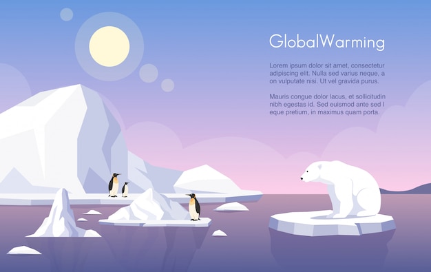 Вектор Шаблон баннера глобального потепления. северный полюс, таяние ледников, пингвинов и белого медведя на льдине плоской иллюстрации с пространством для текста. изменение климата, повышение уровня моря, ущерб природе.
