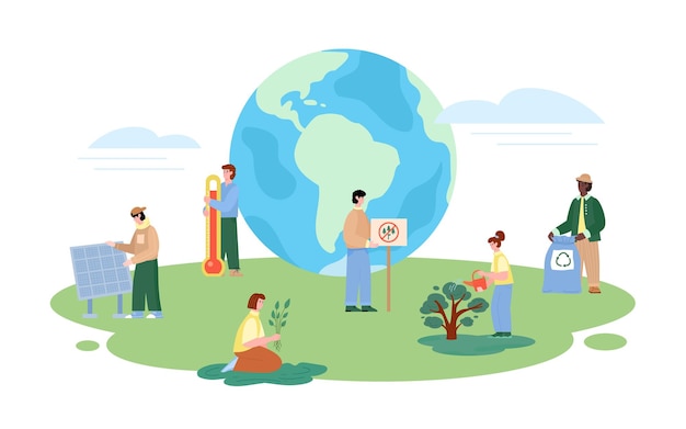 Global warming banner with volunteers flat vector illustration isolated