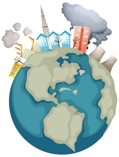 벡터 지구 온난화 위기 지구39의 오염 공장