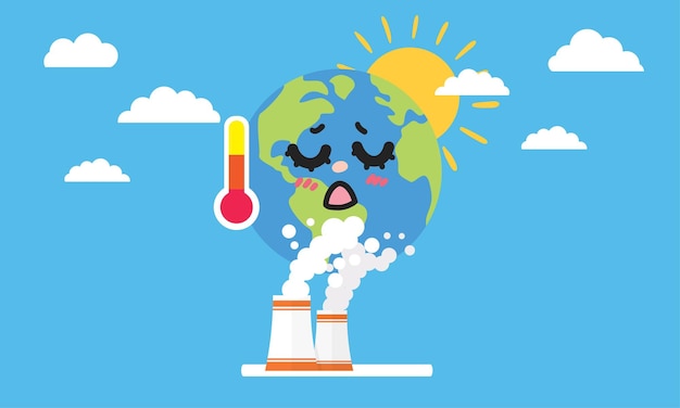 Global warming earth concept with sun thermometer and cloud