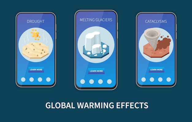 Gli effetti del riscaldamento globale rappresentati sulla composizione isometrica degli schermi degli smartphone raffiguranti l'illustrazione vettoriale dei cataclismi dei ghiacciai che si sciolgono dalla siccità