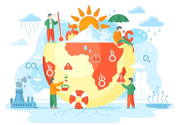 Global warming illustration environment pollution global warming heating impact concept Change climate concept Vector with tiny people and floral elements World Environment Day sun ecology