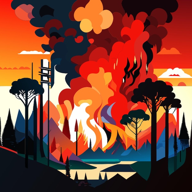 Вектор Глобальное потепление вызвано лесными пожарами, дымом, утечками химикатов, абстрактными формами, векторными иллюстрациями.