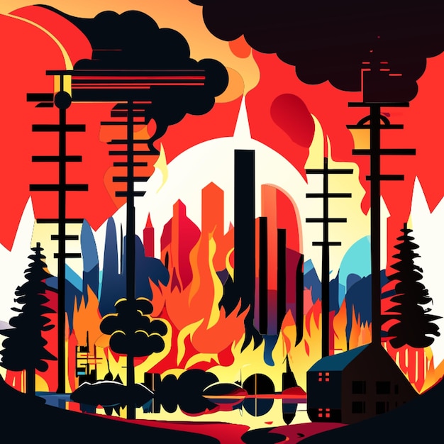 Вектор Глобальное потепление вызвано лесными пожарами, дымом, утечками химических веществ, абстрактными формами