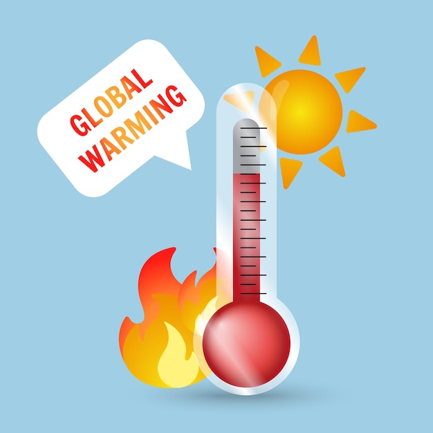 Global warming with thermometer fire and sun in vector illustration