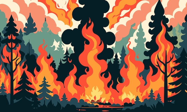 global warminginduced wildfires in 2d flat vector illustration