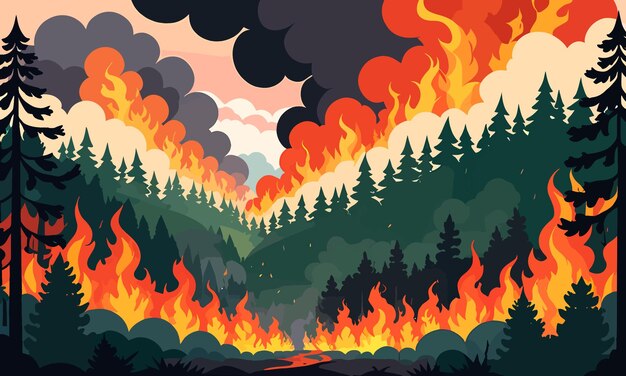 ベクトル 地球温暖化 2d フラット ベクトル図で誘発された山火事