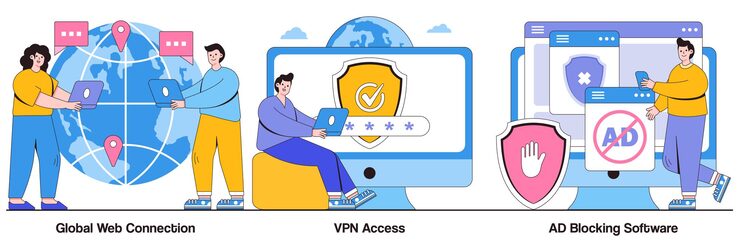 Vector 글로벌 웹 연결, vpn 액세스, 작은 사람들과의 광고 차단 소프트웨어 개념. 네트워크 액세스 벡터 일러스트 레이 션을 설정합니다. 원격 프록시 서버, 웹 브라우저, it 기술, 플러그인 확장 은유.