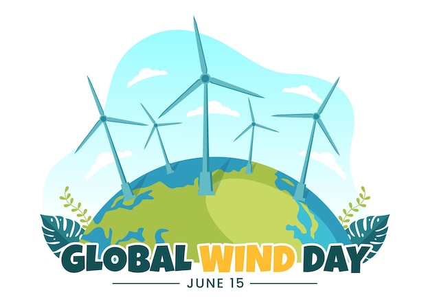 Global Wind Day Vector Illustratie op 15 juni met Earth Globe en Windturbines op Blue Sky