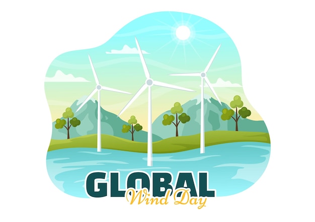 Global Wind Day Vector Illustration on June 15 with Earth Globe and Winds Turbines on Blue Sky