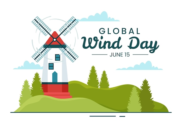 Global wind day vector illustration on june 15 with earth globe and winds turbines on blue sky