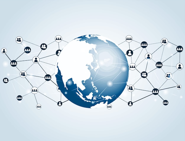 Vettore global with people comunica la connessione di rete globale