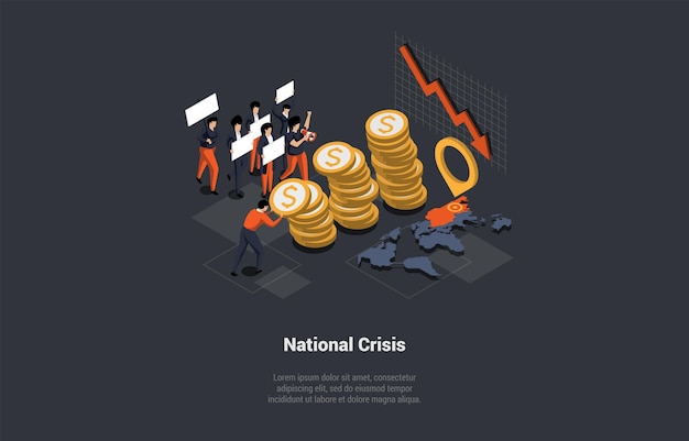 Global World Crisis Concept Aggressive People Strike Against Price Increases Economic Decline Downfall Inflation Devaluation Stock market Crash And Bankruptcy Isometric 3d Vector Illustration