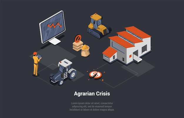 Global World Crisis Concept Shocked Agrarian Concerned Of Economic Situation Decline Downfall Inflation Devaluation Falling Grain Prices And Bankruptcy Isometric 3d Cartoon Vector Illustration