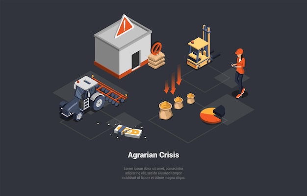 Vector global world crisis concept woman agrarian concerned of economic situation decline downfall inflation devaluation falling grain prices and bankruptcy isometric 3d cartoon vector illustration