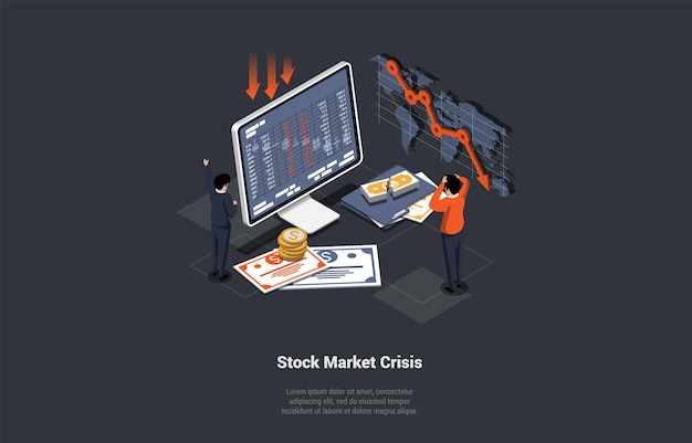 Global world financial crash stock market crisis concept shocked traders got margin call and try to control situation on market downfall inflation bankruptcy isometric 3d vector illustration