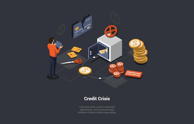 Global world financial credit crisis concept forced increase in interest rates customers insolvency world economy crash investment failure and budget collapse isometric 3d vector illustration