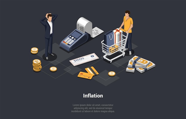 글로벌 세계 금융 위기 개념 기본 인플레이션 평가 절하 주식 시장 충돌 충격 사람들이 돈을 잃고 투자 가격 인상 프로세스 아이소메트릭 만화 3d 벡터 일러스트 레이 션