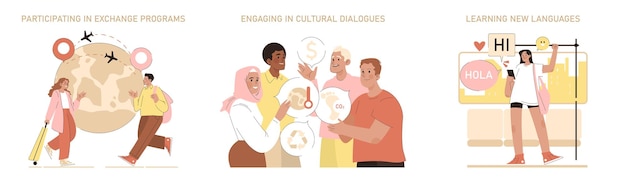 Globale uitwisseling stel avontuurlijke zielen die deelnemen aan uitwisselingsprogramma's die culturele dialogen bevorderen